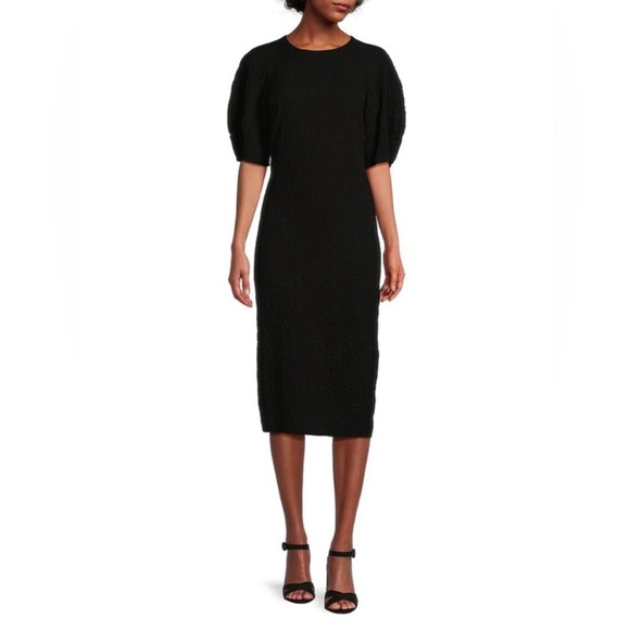 Antonio Melani Black Textured‎ Gauzy Puff Sleeve Lidia Dress Midi Minimalist - Picture 3 of 9